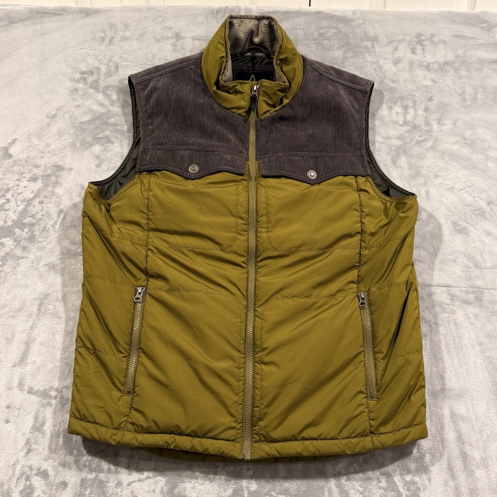 Prana Hoffman Vest Men's Size Large Green Corduroy Nylon Full Zip Puffer Western